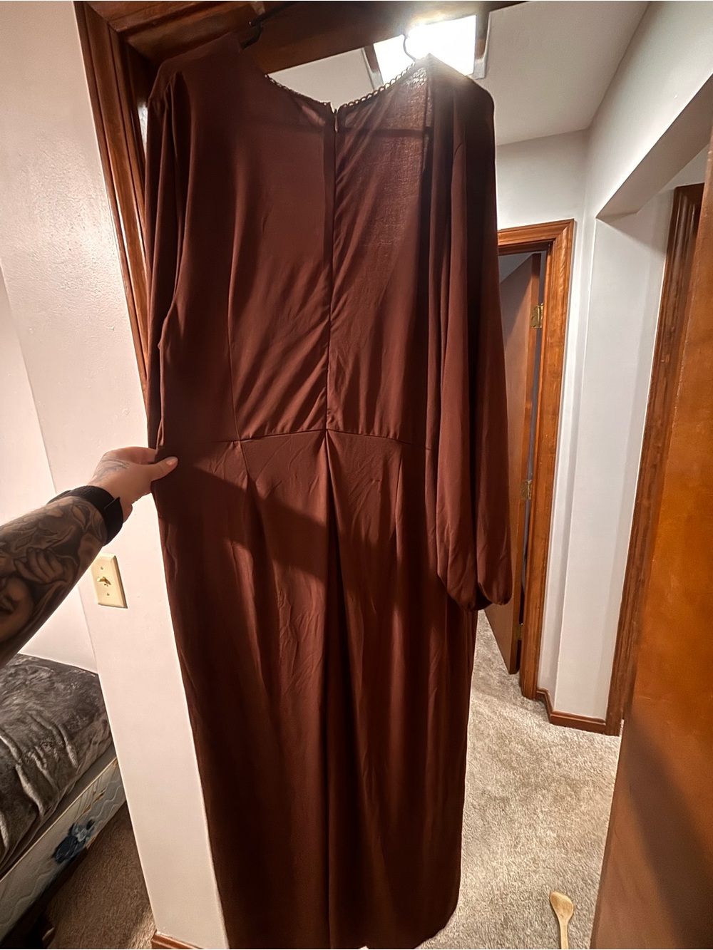 Brown Long Sleeve Romper with V-Neck Tie - Picture 3 of 4